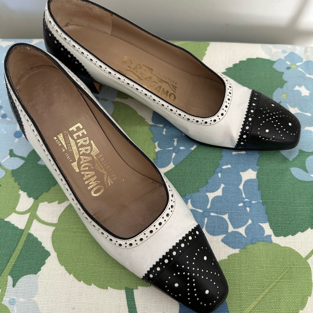 Salvatore Ferragamo black and white leather pumps